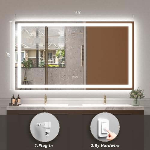Image of 60x30 Lighted Bathroom Mirror for Wall, LED Illuminated Vanity Mirror with Lights, Dimmable, Anti-Fog, ETL Listed (Backlit and Front Lighted)