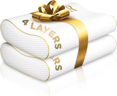 Image of Memory Foam Pillow, Cervical Pillow (2 Pack) 4-Layer Queen, Contour Pillow, Side Sleeper, Neck Support, Pillow for Neck Pain