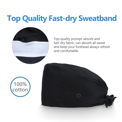 Image of Adjustable Scrub Cap with Button, Satin-Lined Cotton Scrub Hat Sweatband, Elastic Working Hat Unisex, One Size