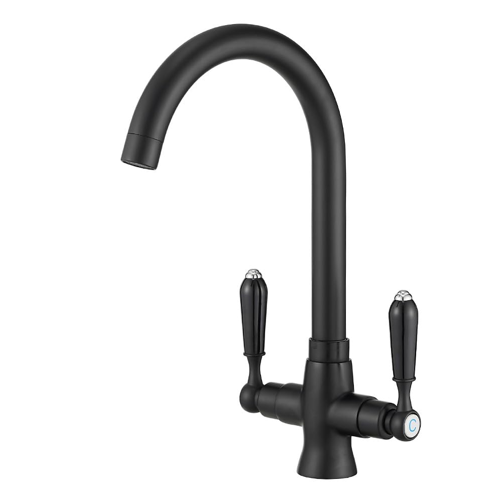 Heable Black Kitchen Sink Mixer Tap with Ceramic Dual Lever Monobloc Kitchen Taps 1 Hole Elegant Swivel Mono Traditional Sink Faucet with Flexible Hoses