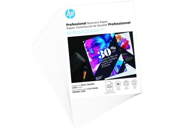 HP Professional Business Paper, Glossy, 8.5x11 in, 48 lb, 50 sheets, works with inkjet, PageWide, laser printers (6MF93A)