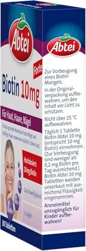 Abtei Biotin 10mg Forte - hochdosiertes Biotin - für schöne Haut, Haare und Nägel - zur Vorbeugung von Biotinmangel - laborgeprüft - 30 Tabletten