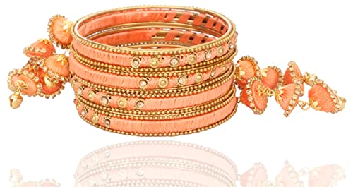 Image of NMII Metal & Silk Thread Jhumka Zircon Latkan Stylish Bangles Set For Women's and Girls | Women's Fancy Latkan Bangles Set | Ethnic Fashion Jewellery- Set of 12 Bangle, (G405 (1) Peach-2.6)