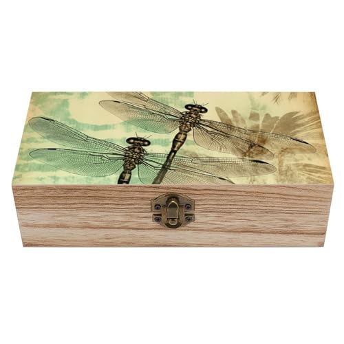 JTKLQBN Caja de almacenamiento grande de madera con tapa y cierre frontal, libélulas, libélulas, vintage, organizador de escritorio de oficina, caja de recuerdos, cajas de recuerdos, cajas de joyería