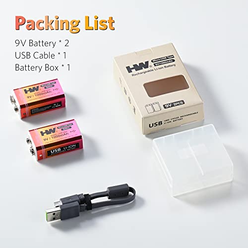 Hw 9V Li-Ion Rechargeable Battery, 9 Volt/1000Mah(9000Mwh) Long Lasting Rechargeable Batteries With Micro-Usb, 1000 Cycles Charge, 1.5 Hrs Fast Charging, Led Indicator, 2 Packs #TOP5