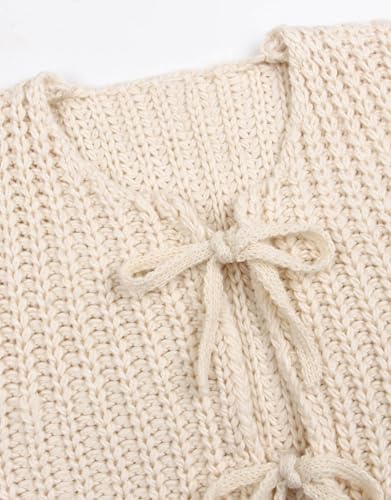 Image of Trendy Cardigan Sweater Vest Crochet Knit Top Sleeveless Bows with Pockets