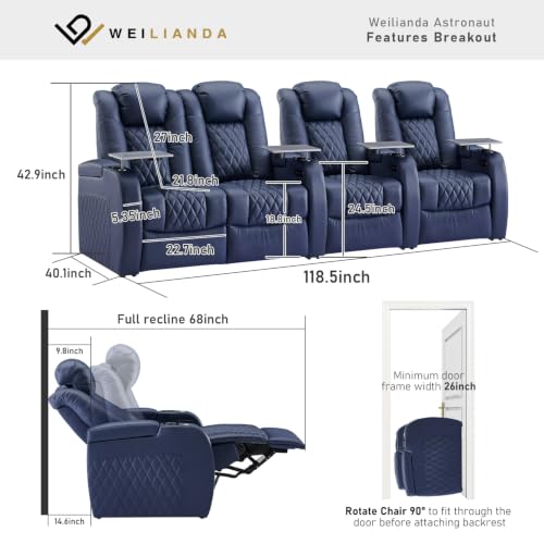 Image of Weilianda Home Theater Seating, Top Grain Leather Movie Theater Chair | Blue Row of 4 Loveseat Left, Zero Gravity, Power Headrest, Tray Table, Electric Reclining Seat for Media Room