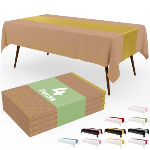 Image of Smiry Plastic Table Cloth Disposable 4 Pack, 54 x 108 Inch Rectangle Waterproof Tablecloth, Printed Gold Table Runner Style for Birthday Weeding, Party Decorations, Leakproof & Sturdy, Gold and Camel