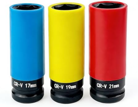 Juego de 3 llaves de Vaso de Impacto con Protección Plástica, Juego de Vasos Hexagonales de lmpacto 1/2", 17mm, 19mm, 21mm, Con caja de Plástico, para Llaves de Impacto y Llaves Neumáticas