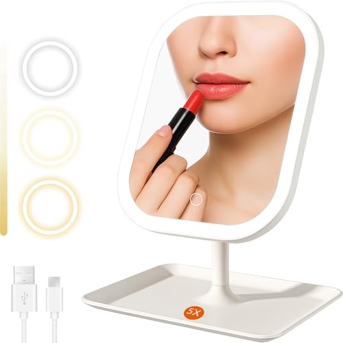Espejo Maquillaje con LED Luz Recargable Espejo de Maquillaje de Escritorio Plegable Espejo Maquillajecon Ampliación 1X/5X Giratorio 270° Táctil EspejoCosmético para Tocador Viaje Baño(Blanco)