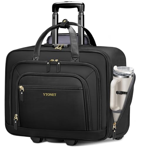 Image of Ytonet Rolling Laptop Bag Women, 17.3 Inch Laptop Briefcase with Large Cup Holder, Carry On Luggage with Insulated & Waterproof Pocket, Roller Bag with Lock, Teacher Bag for Work Travel,Black