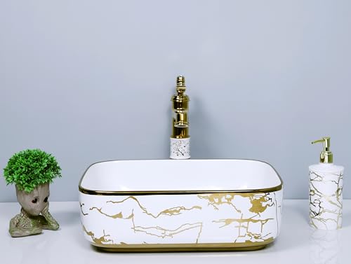 Image of LUXART Rectangular Ceramic Vessel Sink, White with Gold Marble Pattern Design, 16 x 12 x 6 Inch Luxury Tabletop Wash Basin for Bathroom Vanity, Hotel & Guest Rooms