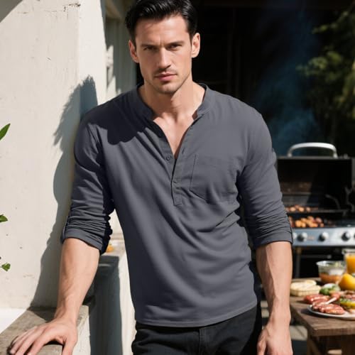 Mens Long Sleeve Henley Collar Shirt Casual Business Wear with Button Pocket Solid Colored Top