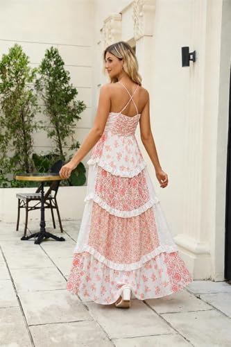 Image of Women Floral Maxi Dress Spaghetti Strap V Neck Patchwork Bohemian Flowy Dresses Summer Fall