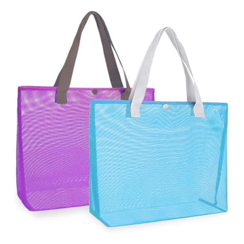 hsmyank 2Pack Large lightweight Simple Mesh Beach Tote Bag With snap Button Reusable Pool Bag for Outdoor Travel Shopping Gym (Plum-purple+blue) Cover