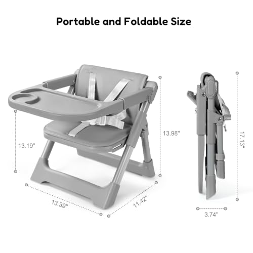 Image of Baby High Chair Booster Seat: Portable Booster Seat for Kitchen s Dining Chair Foldable Highchair - Travel Size Tool-Free Setup Adjustable Tray (Grey)