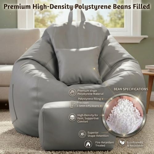 Image of KAM'S LIEU 5XL Luxury Faux Leather Bean Bag with Footrest & Cushion | Pre-Filled High-Density Polystyrene Beans | Premium Leatherette | 6 Months Warranty Color- (Grey, Without Footrest)