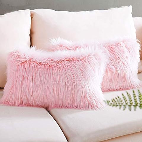 QUANHAO Fluffy decorative square plush pillow case, artificial fur cushion cover, used for living room sofa bedroom car seat etc (Pink 30x50cm2pcs) Cover