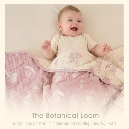 Image of Ultra Soft Muslin Baby Blanket - Made with Organic Cotton, Earthy Botanicals Jacquard Swaddle & Crib Quilt, 43x43 (Dusty Pink Floral)