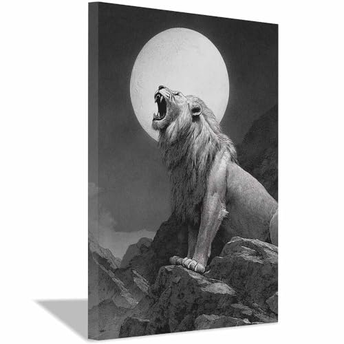 Toile lion lune encadrée pour habiller un mur blanc de salon