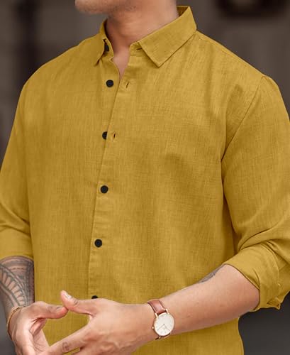 Image of Men's Solid Linen Blend Cotton Shirt | Full Sleeve Plain Shirt for Men | Regular Fit Casual & Formal Wear