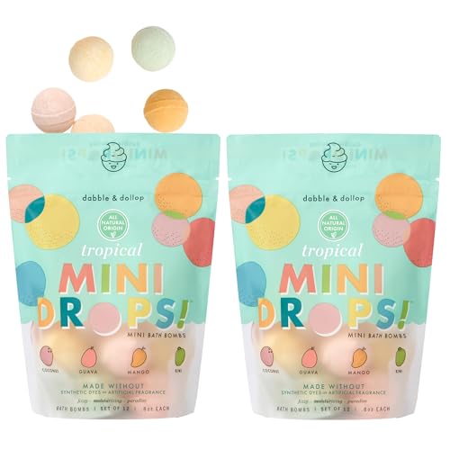 Image of Dabble & Dollop Mini Bath Bombs, Tropical Scents - Natural Origin, Mixable Scents, Clean Ingredients, No Synthetic Dyes, Toddler & Kids Bath Bombs in Resealable Pouches (Set of 24)