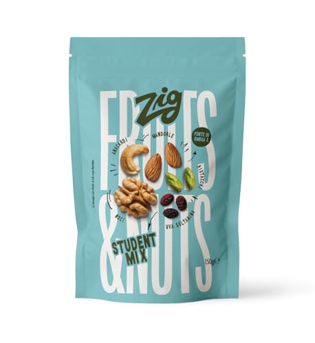 ZIG Fruits & Nuts Student Mix – Anacardos, almendras, nueces, uvas, pistachos – Frutas secas y deshidratadas en pack resellable para conservar la frescura 150 g