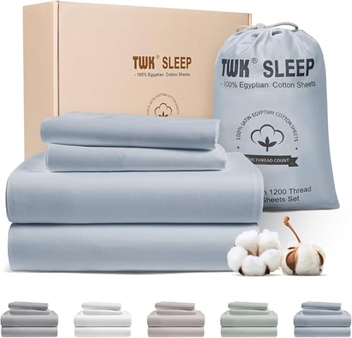 Image of TWK 1200 TC 100% Egyptian Long-Staple Cotton Bedding Sheets Set, Luxury Hotel Style Deep Pocket with Elastic Reinforced Seams Sheet Set, Soft & Comfy Natural Sheets (French Blue, King)