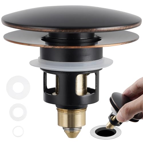 Image of Universal Bathroom Sink Drain Stopper Strainer, 2PCS, Oil Rubbed Bronze | 2 in 1 Pop Up Sink Stopper for 1.1''~2.36'' Sink Basin Hole, Hair Catcher with Removable Stainless Steel Filter Basket