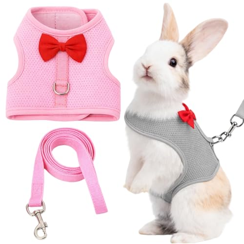 Kaninchen Leine, Zwei Stück Hasengeschirr Set Für Tägliche Spaziergänge, Balkon Aktivitäten Und Freizeit Training, Grau Rosa Farben In Größe M
