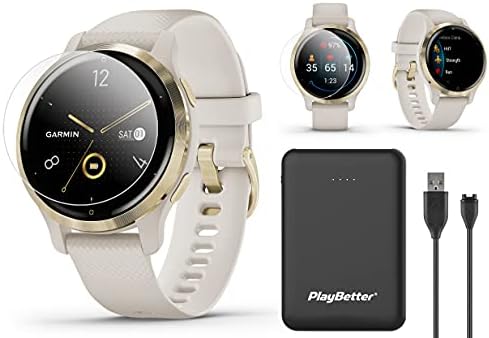 Garmin Venu 2S (Light Gold/Sand, Small) 2021 Fitness GPS Smartwatch Power Bundle | +PlayBetter Portable Charger & HD Screen Protectors | Sleep/Stress Tracking, Music, HRV Body Battery | 010-02429-01