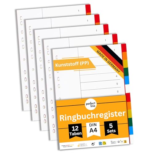 perfect line - Ordner-Register DIN-A4 aus Kunststoff (PP), 12 Taben (12-teilig), 5er Set, Trennblätter für Akten-Ordner, recycelbar, made in Germany