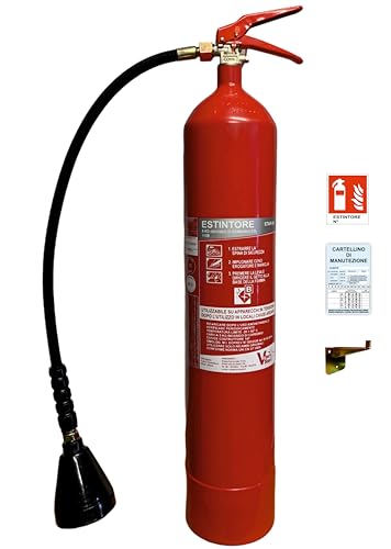 Estintore a Co2 kg 5 2025 omologato e certificato con staffa e cartello pvc adesivo con cartellino di Manutenzione semestrale per uffici negozi hotel case vacanze UNI EN 3-7