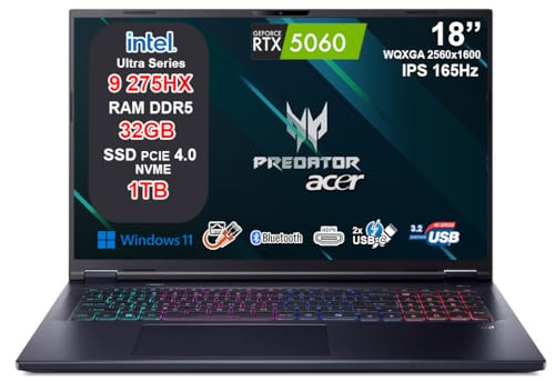 Acer Predator Helios Neo 18 AI Gaming Notebook, Intel Core Ultra 9 275HX, RTX 5060 8GB GDDR7, 32GB DDR5 6400MHz, SSD 1TB, Display 18' WQXGA IPS 165Hz, Thunderbolt 4, 2.5G LAN, Wi-Fi 6E, RGB 4 Zone