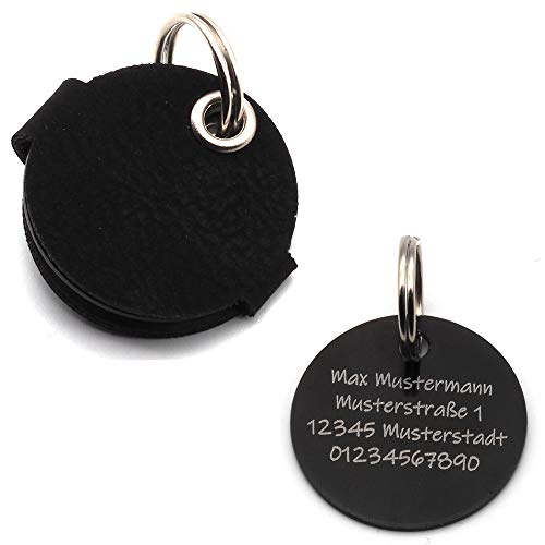 Hundemarkentasche mit Druckknopf Gravur | Blau, Schwarz, Rot, Gelb | gefertigt aus Kunstleder | mit beidseitig gravierter Hundemarke | Durchmesser ca. Ø30mm | Platz für Steuermarke (Schwarz)