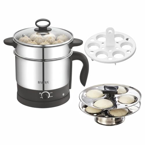 Image of BALTRA Multi-Kettle 1.2L Instacook | Adjustable Power Modes 600 W | 7 - Egg Tray, Idli Maker and Steamer | Stainless Steel | Automatic Overheat Protection | Multipurpose Kettle, 2 Year Warranty