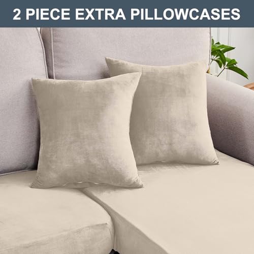 Image of Stretch Silver Fox Velvet Sectional Couch Covers - 4-Piece Sofa Cushion Covers for Left /Right L-Shaped Chaise, Soft and Comfortable Slipcovers for Sectional Sofa(3 Seater + 1 Chaise,Ivory)