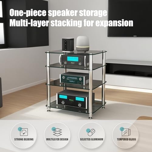 Audio Rack Tower with Tempered Glass Media Storage, 1 2 3 Tier HiFi Media Stand Stereo Cabinet, Audio Video Shelving for Living Gaming Recording Room Meeting Room Bedroom(Clear,1Tier) image 3