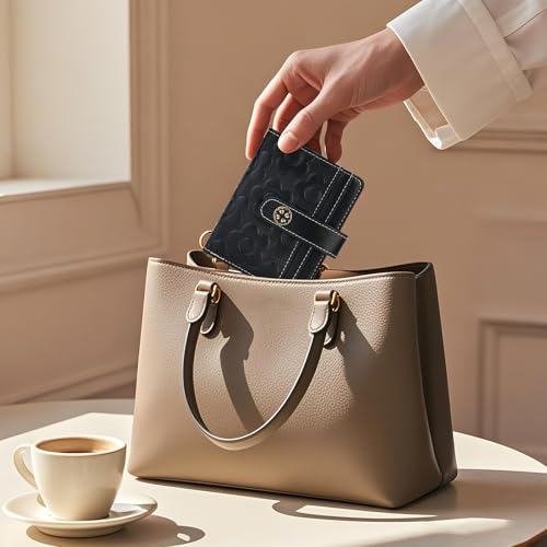 Image of RFID Wallet Women,Slim Small Wallets Embossed Flower Leather Bifold Compact Ladies Girls Wallet with Credit Card Holder Zipper Coin Pocket Black