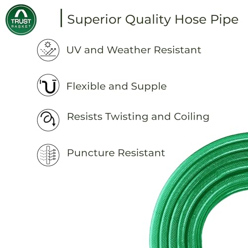 TrustBasket 10 Meter 0.5 inch Heavy Duty 3 Layered Braided PVC Garden Hose Pipe with 7 Mode Spray Gun, Tap Adapter & 3 Clamps, Water Pipe for Garden, Car Washing, Garden Pipe for Home (32.8 ft, Green)