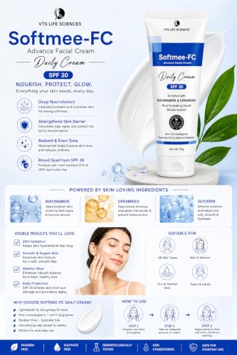 Image of Softmee-FC Advance Facial Cream, SPF 30, with Niacinamide & Ceramides, Non-Comedogenic, 60g