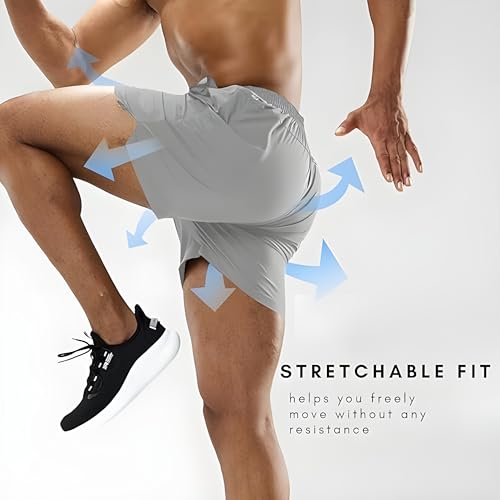 Image of Men's Quick-Dry Athletic Shorts, Stretchable Fit, Light Grey, with Side Pockets