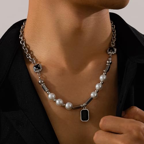 Collier hommes imitation perle ras du cou punk carré TABOJS - 6