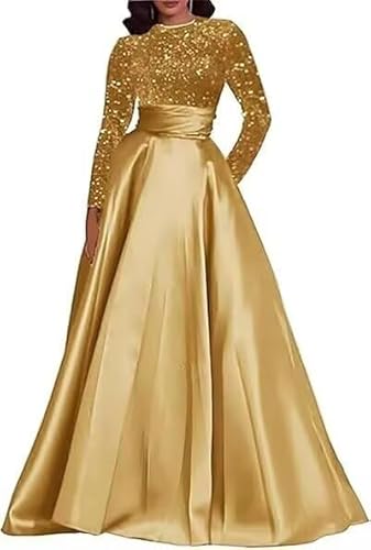 GREEKKNIGHT Sparkly Sequin Long Sleeve Prom Dresses for Women Satin Ball Gown with Pockets Long Sleeve Satin Formal Gowns and Evening Dress Gold US12