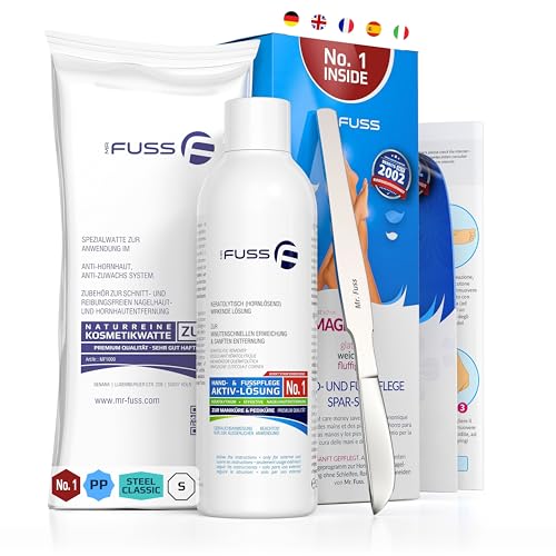 Mr. Fuss No. 1 - Plus Pack Steel Classic per la cura dei piedi e cuticole, confezione da 3 pezzi, soluzione rapida e forte ammorbidente, 200 ml, ovatta, raschietto