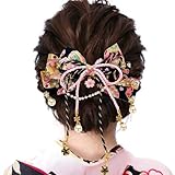 [OTAKUMARKET] 髪飾り リボン 袴 卒業式 着物 和装 浴衣 振袖 七五三 成人式 髪 飾り りぼん 和風 鈴付き つまみ細工 女の子 子供 ヘアアクセサリー 1枚 (H 濃藍黒)