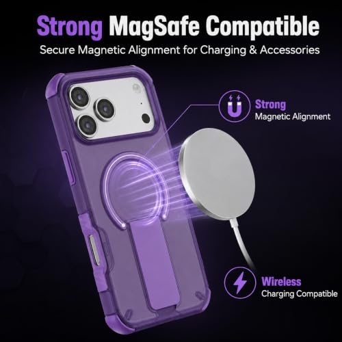 Image of MagA Case with Stand for Apple iPhone 17 Pro Max MagSafe Compatible, Rugged Hybrid Cover, Shockproof Armor, Scratch Resistant, Hard Polycarbonate Back, Soft TPU Bumper Translucent Matte Purple