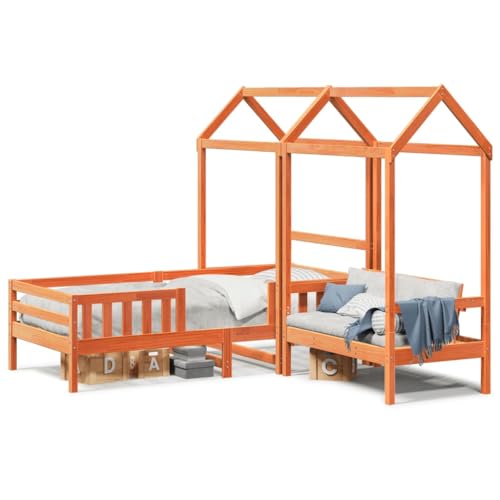 Gecheer Set de Cama y Banco con Techo Madera Pino marrón Cera 75x190 cm,Cama Infantil Cama Juvenil Somier Mueble Mobiliario Dormitorio Habitación Infantil Hogar