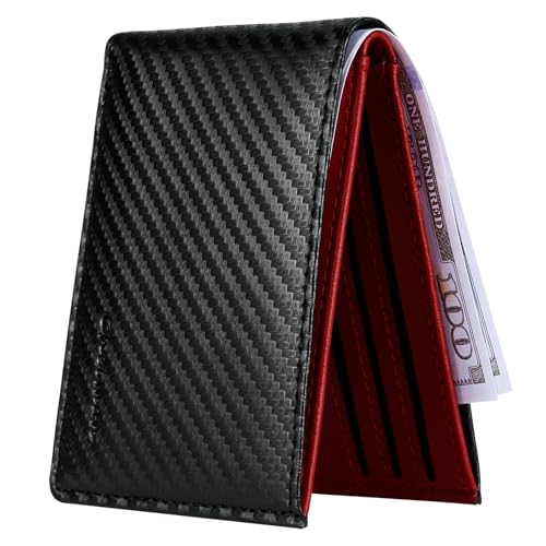 Chelmon Slim Wallet for Men ID Window with RFID Blocking Front Pocket Minimalist Bifold Bussiness Card Holder Gift for Men, Carbon Black & Red