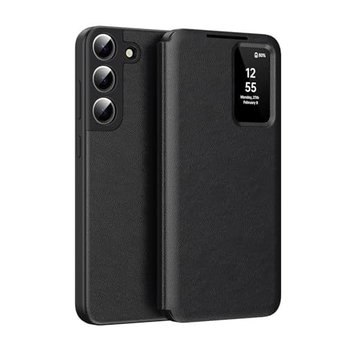 Image of HUOLUNGJIN Smart Case Compatible with Samsung Galaxy S22 5G, Smart View Flip Cover with Built-in Card Slot, Tap Control, Slim Leather Protective Phone Case (Black)